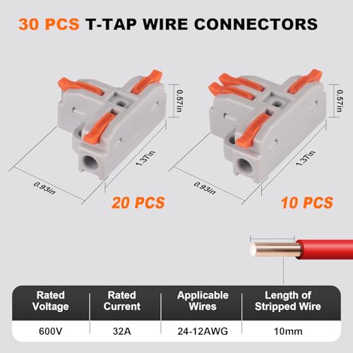 30PCS Lever Wire Connectors, 3 Way Quick Wire Splitter Push-in Electrical Connectors Kit with 3 and 4 Port for 24-12 AWG