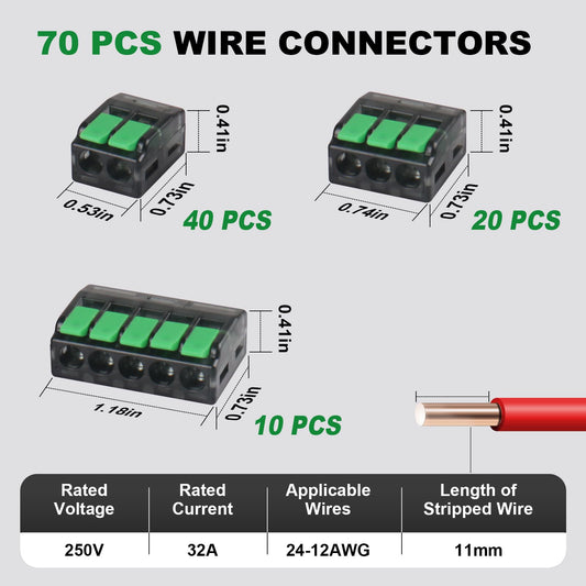 70 PCS Lever Wire Connectors, Quick Electrical Wire Splice Connectors Push-in, 2/3/5 Conductor Combination Kit, 24-12 AWG
