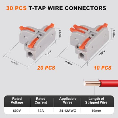 30PCS Lever Wire Connectors, 3 Way Quick Wire Splitter Push-in Electrical Connectors Kit with 3 and 4 Port for 24-12 AWG