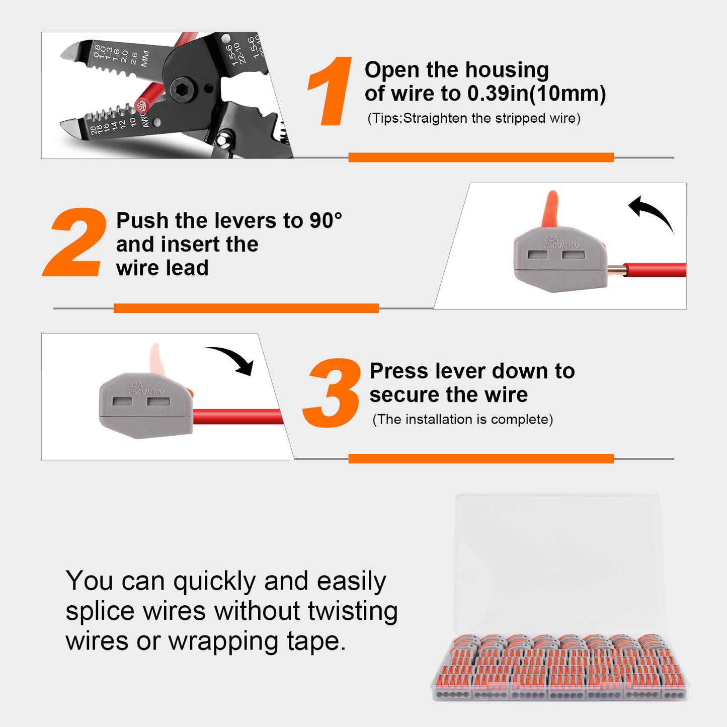 Lever Wire Connectors, Quick Wire Splice Connectors Push-in, 2/3/5 Conductor Combination Kit with 1 in 1 Out Inline Terminals, 28-12 AWG
