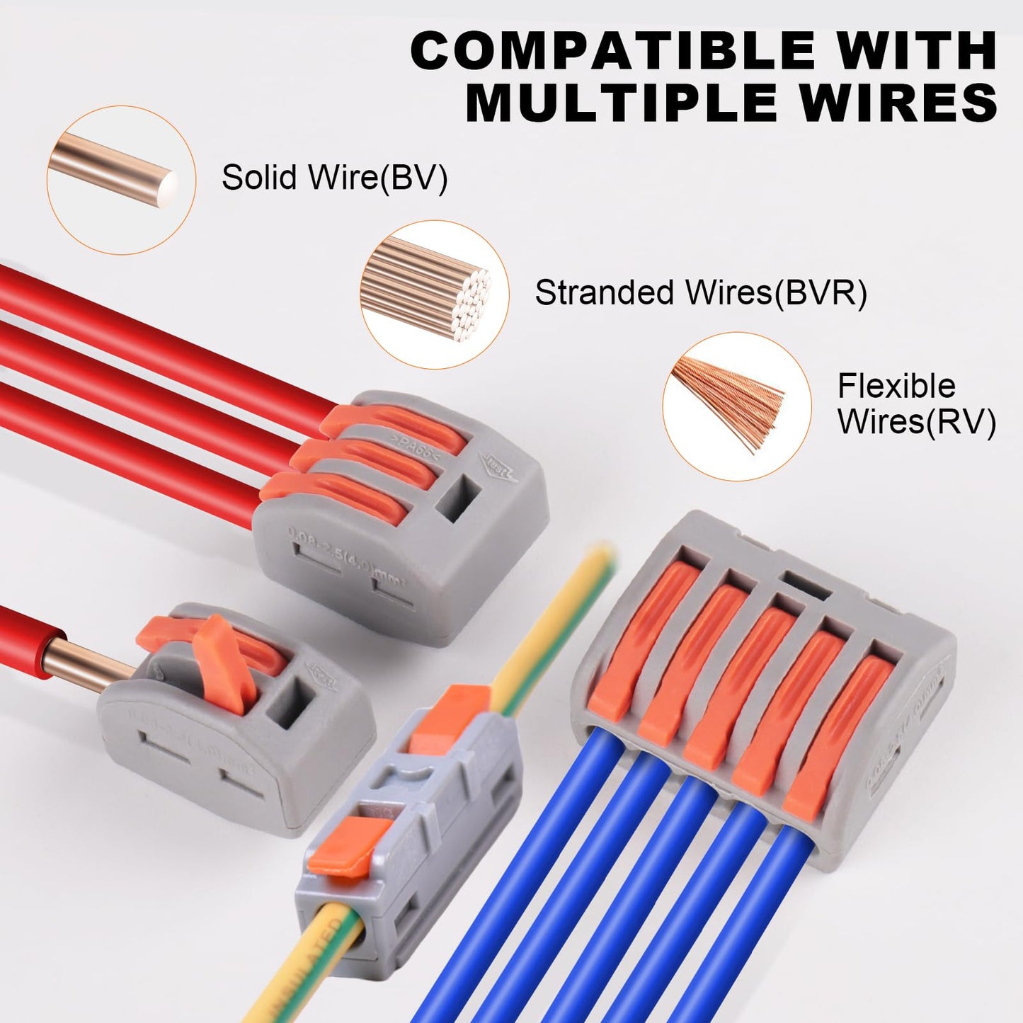 Lever Wire Connectors, Quick Wire Splice Connectors Push-in, 2/3/5 Conductor Combination Kit with 1 in 1 Out Inline Terminals, 28-12 AWG
