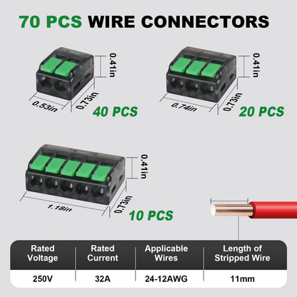 70 PCS Lever Wire Connectors, Quick Electrical Wire Splice Connectors Push-in, 2/3/5 Conductor Combination Kit, 24-12 AWG