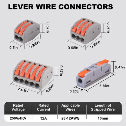 Lever Wire Connectors, Quick Wire Splice Connectors Push-in, 2/3/5 Conductor Combination Kit with Inline Terminals, 28-12 AWG